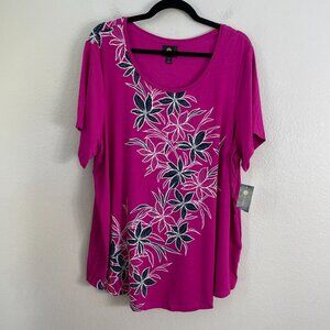 NEW JM Collection Womens Plus 3X Bold Berry Short Sleeve Floral Tunic Top Shirt
